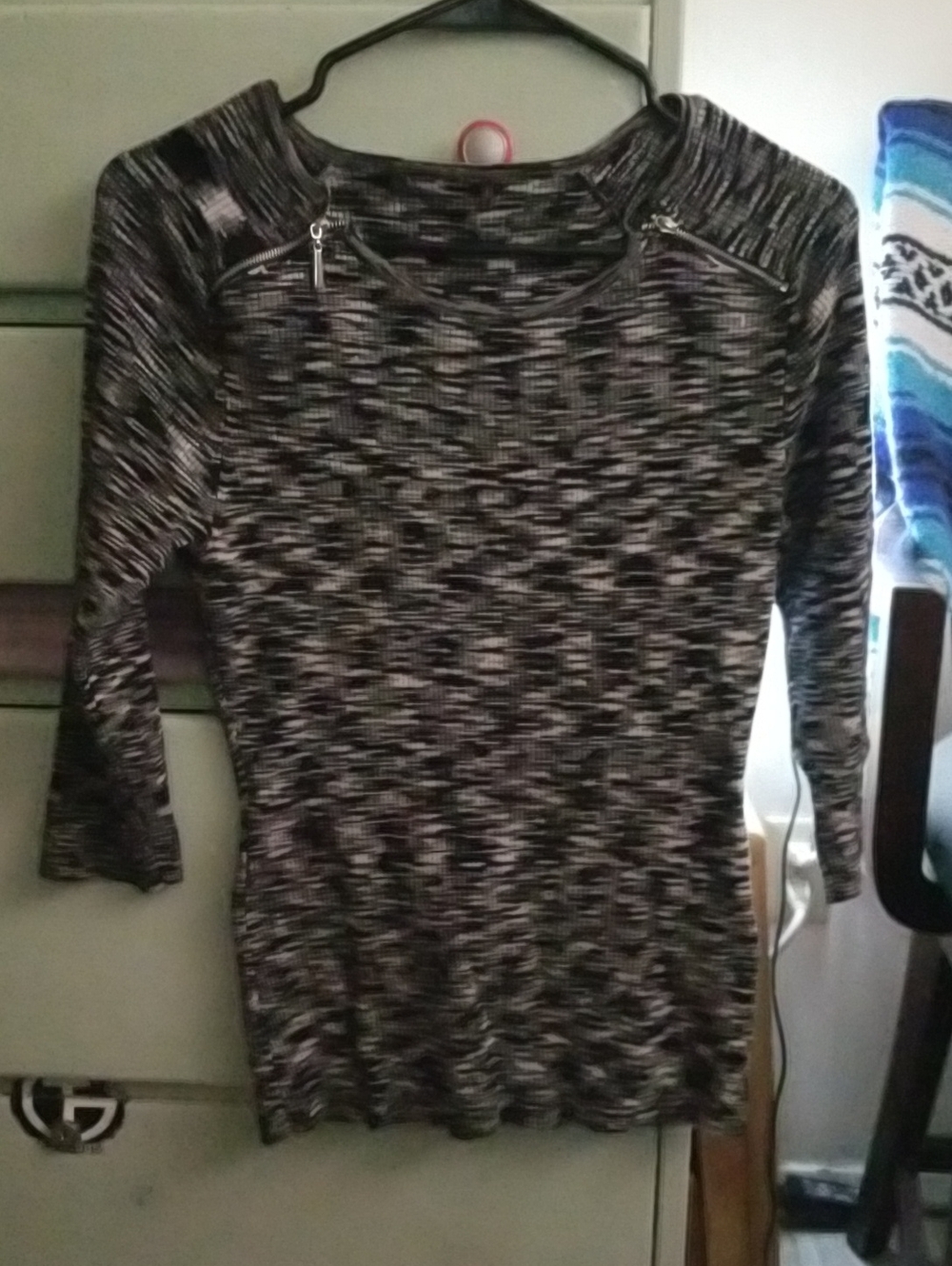 Black and Gray Marled Knit Top with Zip Detail